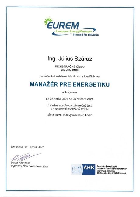 Certifikát EUREM — európsky energetický manažér