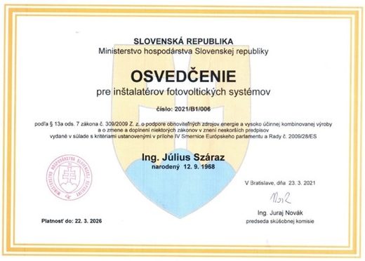 Osvedčenie pre inštaláciu fotovoltických systémov — Ministerstvo hospodárstva SR