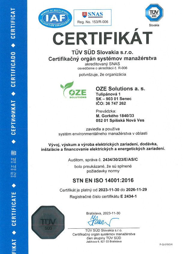 Certifikát STN EN ISO 14001:2016 — environmentálne manažérstvo (TÜV SÜD)