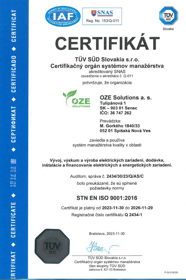 Certifikát STN EN ISO 9001:2016 — systém manažérstva kvality (TÜV SÜD)