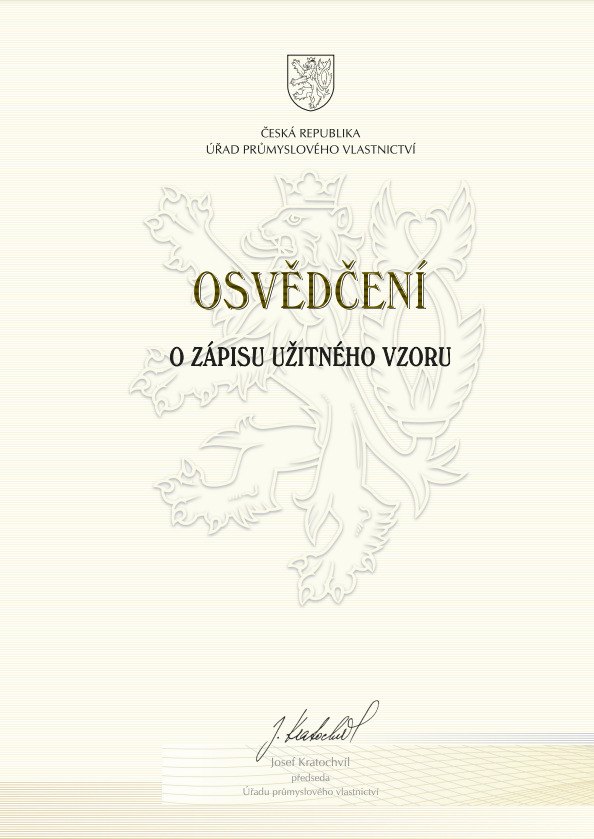 Osvedčenie o zápise úžitného vzoru — Úřad průmyslového vlastnictví Českej republiky